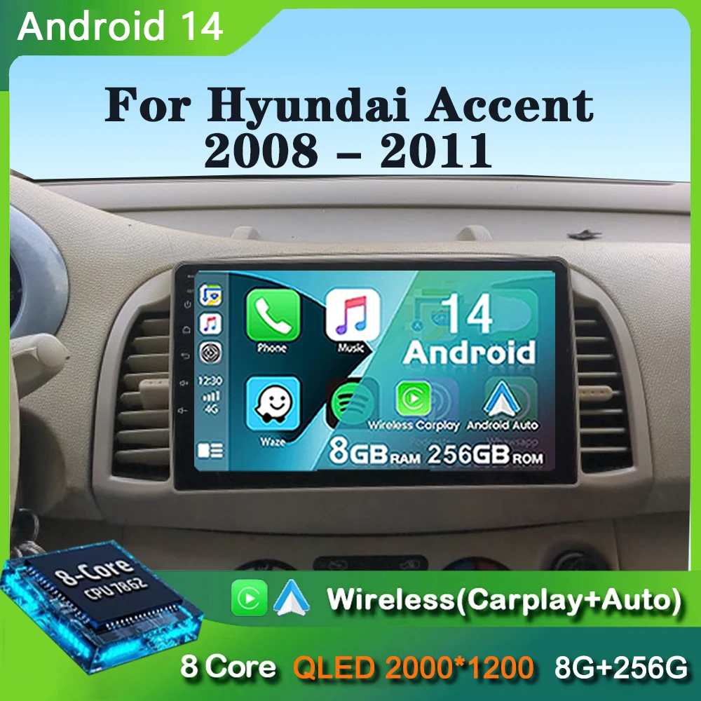 Автомобильный радиоприемник Carplay на Android 14 для Hyundai Accent 2008 2009 2010 2011 навигация GPS