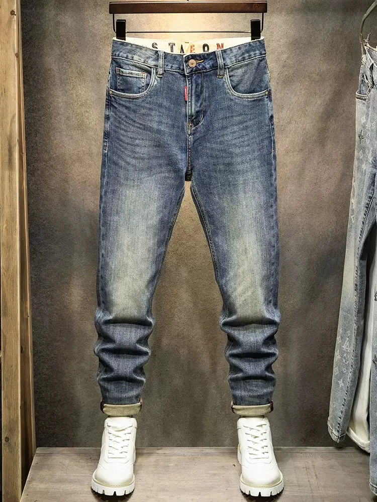 Fashion Vintage Men Jeans High Quality Retro Blue Washed Elastic Slim Fit Designer Jeans Men Casual Trousers Denim Pants Hombre