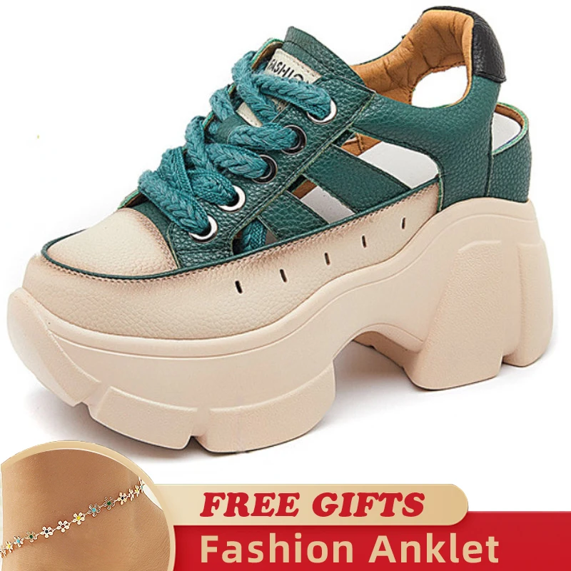8.5cm Chunky Sneakers Genuine Leather Slides Summer Ankle Vulcanize Hollow Women Platform Sandals Wedge Breathable Female Shoes