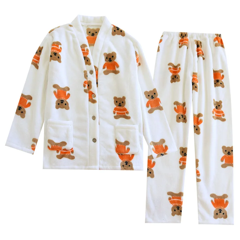 Homewear Suit Flannel Couple Pajamas Set Men Women Autumn Winter Home Comfort Cartoon Bear Warm Loungewear Clothing Sleeping Pjs