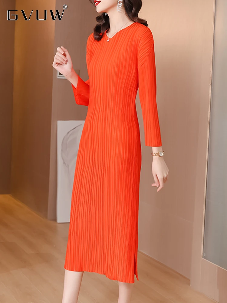 

GVUW 2023 Autumn Pleated Dresses Women V-neck Solid Color Splited Long Sleeve Loose Female Elegant Simple Formal Clothes 17J1350