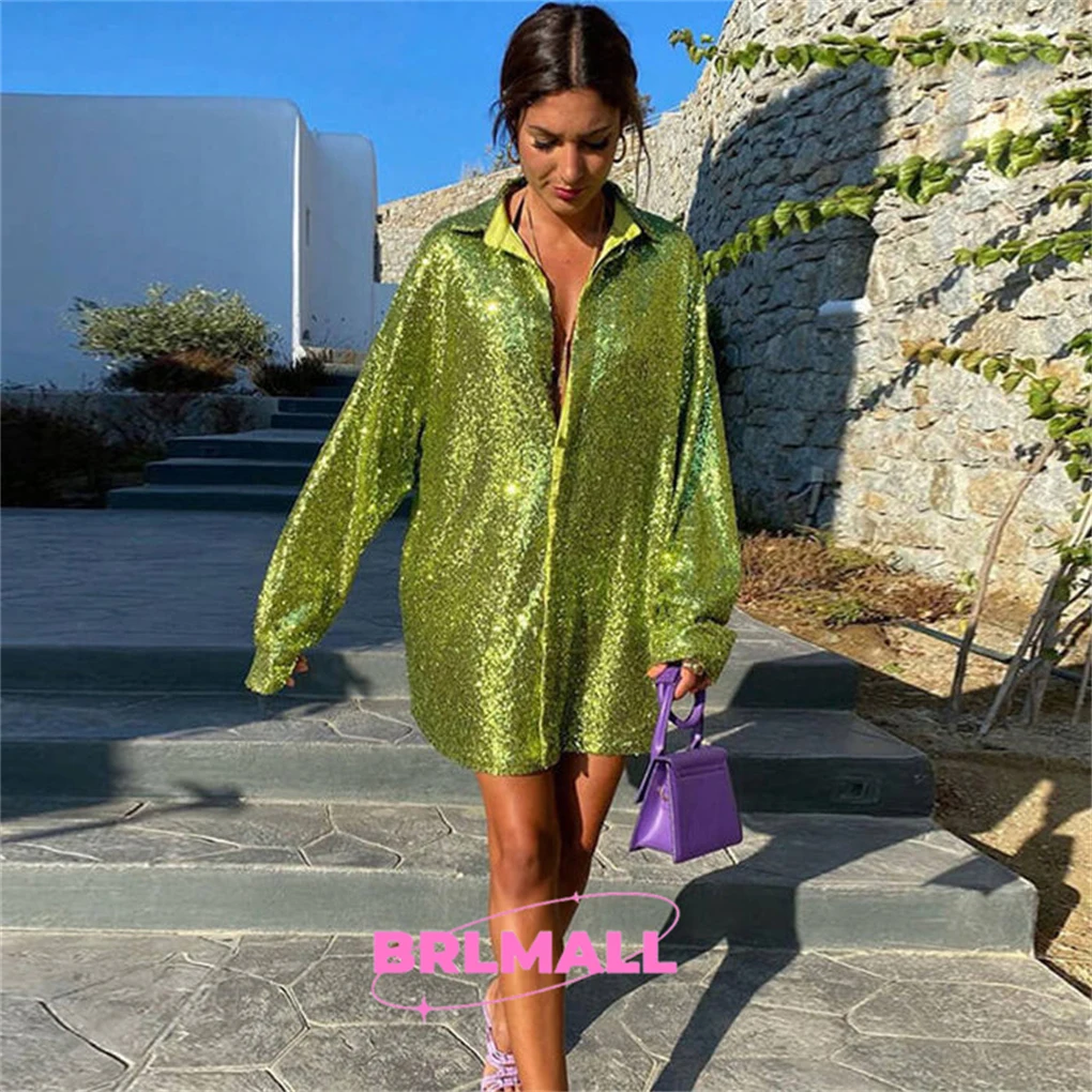 Fashion Sequined Shirt Jacket Green Glow Outfit Casual Beach Blazer For Women Party Prom Pool Outfit