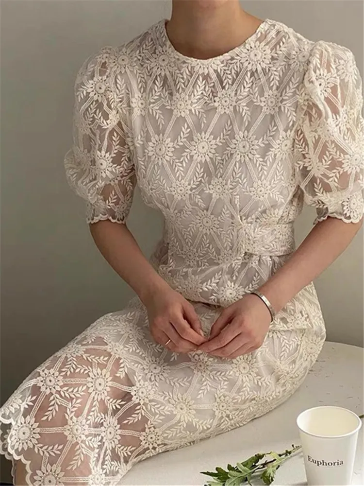 

Женское винтажное платье в стиле бохо, элегантное праздничное платье-трапеция с цветочным принтом, Сетчатое платье с коротким рукавом и кружевной вышивкой, лето 2022