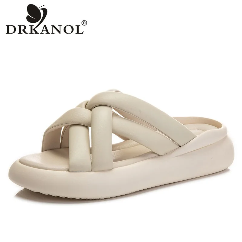 

DRKANOL 2022 Concise Women Slippers Summer Flat Platform Open Toe Genuine Leather Casual Outside Thick Bottom Sandals Slippers