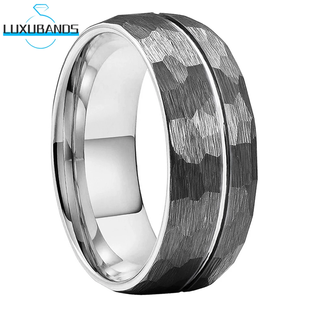 

Tungsten Carbide Hammer Ring For Men Women Domed Band Offset Grooved Brushed Finish In Stock Comfort Fit