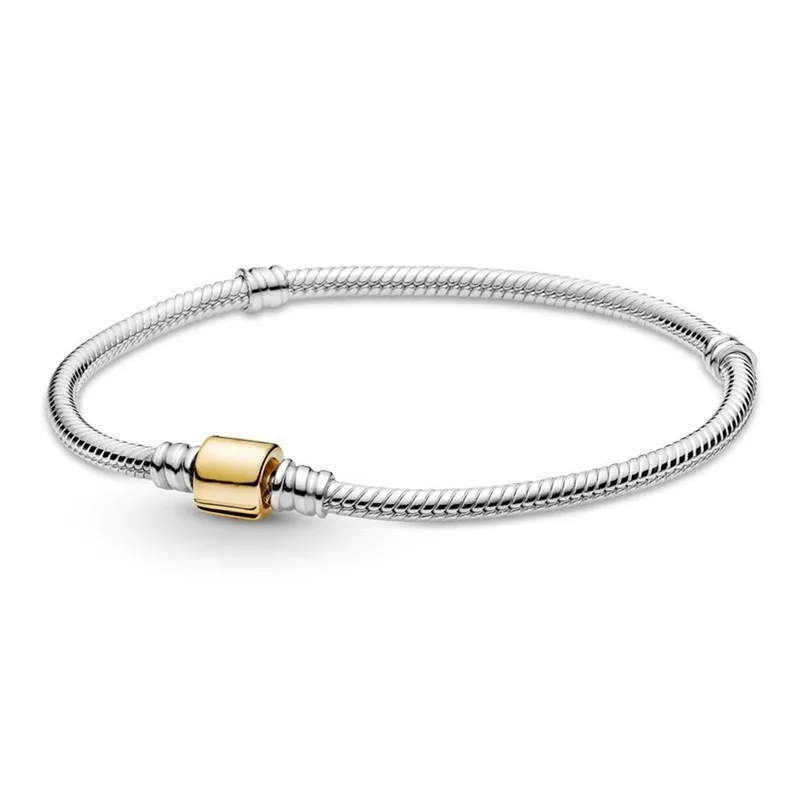 

Original Moments Gold Two-tone Barrel Clasp Snake Chain Bracelet Bangle Fit Women 925 Sterling Silver Bead Charm Fashion Jewelry