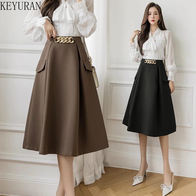 

2022 Spirng Autumn Chain Midi Skirt Women Korean Fashion Office Lady OL Mid-Length High Waist A Line Skirt Female