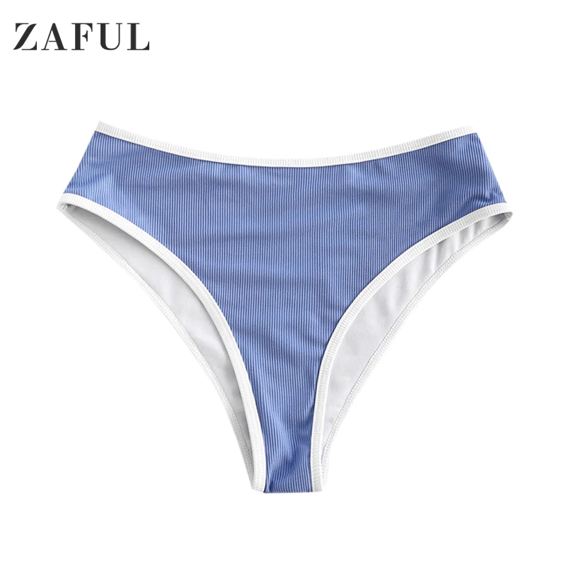 

ZAFUL Ribbed Contrast Binding Swim Bottom Women Swim Briefs Full Coverage Bikini Bottom