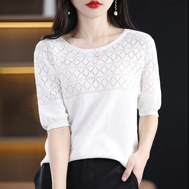 

Summer Thin Woman's Tees Long Sleeve O-Neck T-Shirt Hollow Tees Top Cool Ventilation Jumper Female Pullover 100% Cotton Knitted