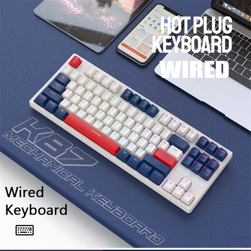 87 Keys Gaming Mechanical Keyboard RGB Backlit Keypad Mini Hot-Swappable Type-C Wired Keyboard For PC Computer Gamer Accessories