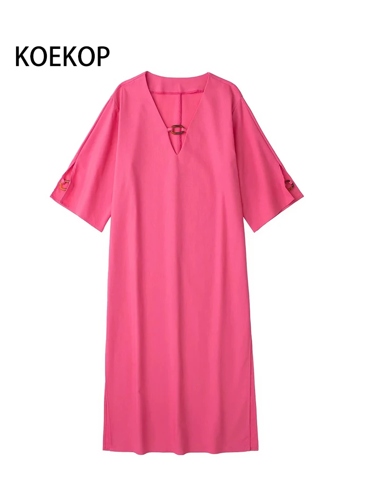

LYWM Women Fashion Solid Dress With Front Buckle Short Sleeve Vintage Female Dresses Chic Outfits Mujer