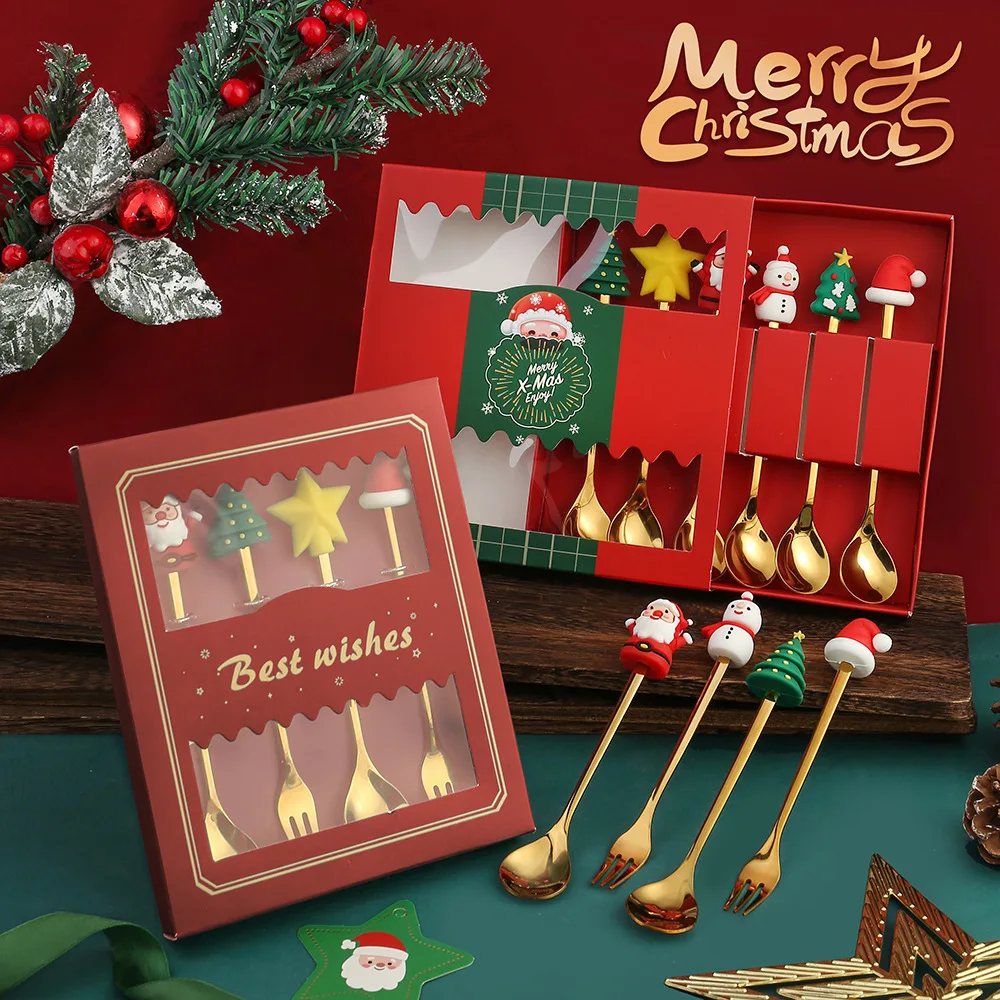 

4/6Pcs Christmas Forks and Spoons Set Christmas Cutlery Stainless Steel Spoon Fork Coffee Spoon Dessert Fruit Fork Stirring