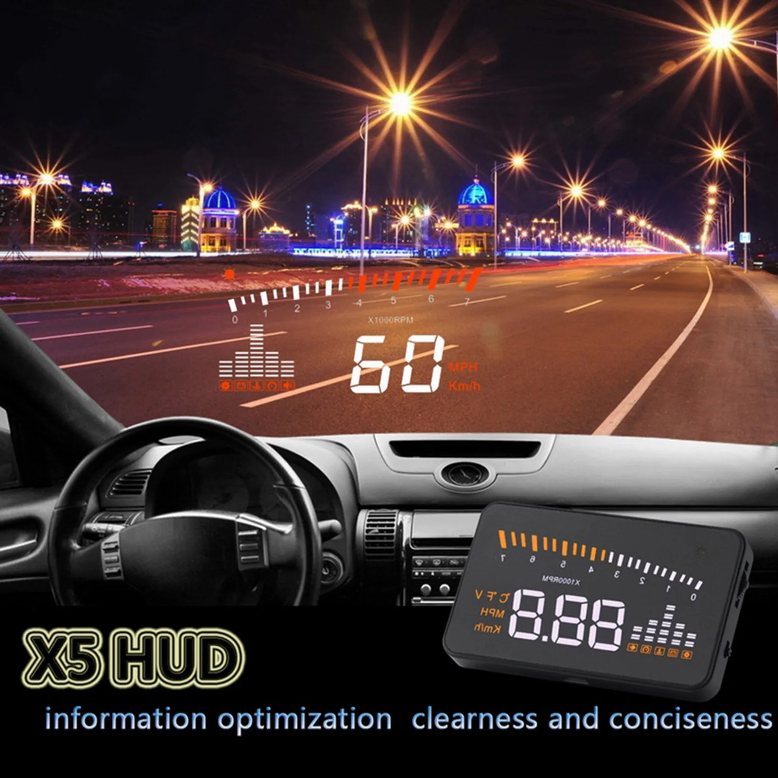 

X5 HUD Universal 3.5 inch Head-up Display ODB2 Electronics HUD Projector Speedometer Water Temperature Overspeed Alarm