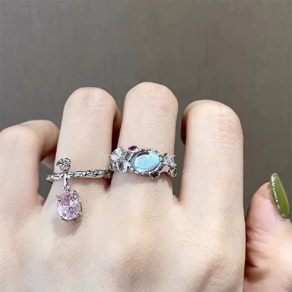 

Kpop Pink Crystal Open Ring for Women Egirl 2022 Fashin Moonstone Ring 90s Grunge Aesthetic Wedding Y2K Jewelry Gift