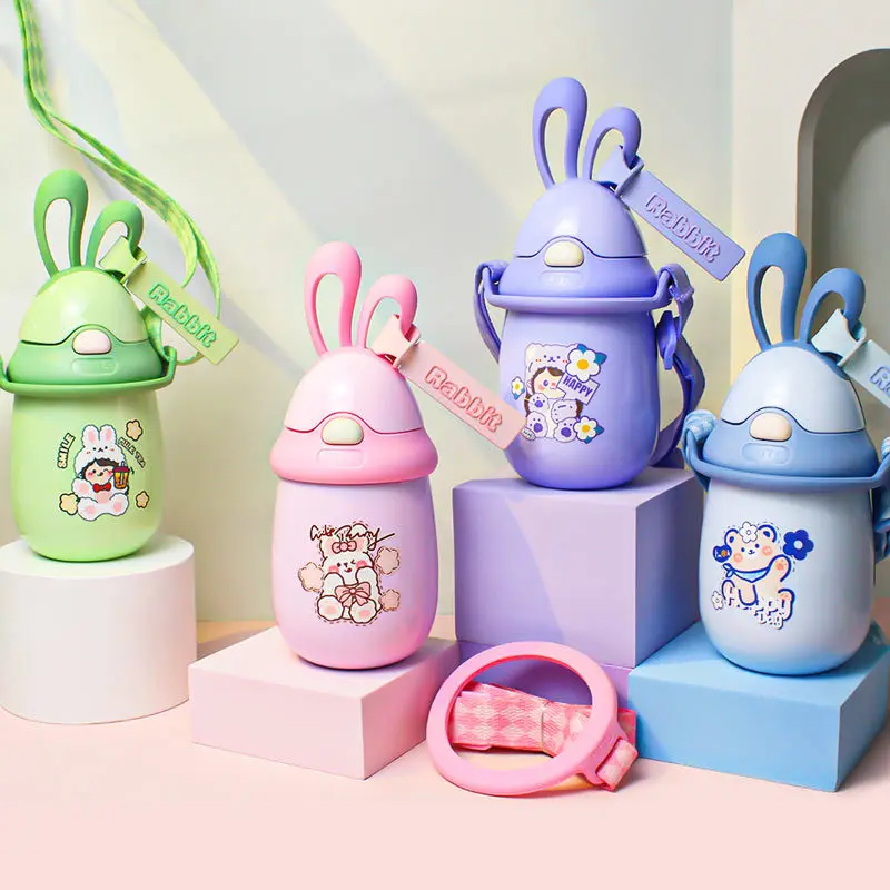 

Thermo Bottle Water Bottle For Children Cartoon Cute Tumbler With Straw Water Cup Outdoor Portable Strap Bunny Ear Cup