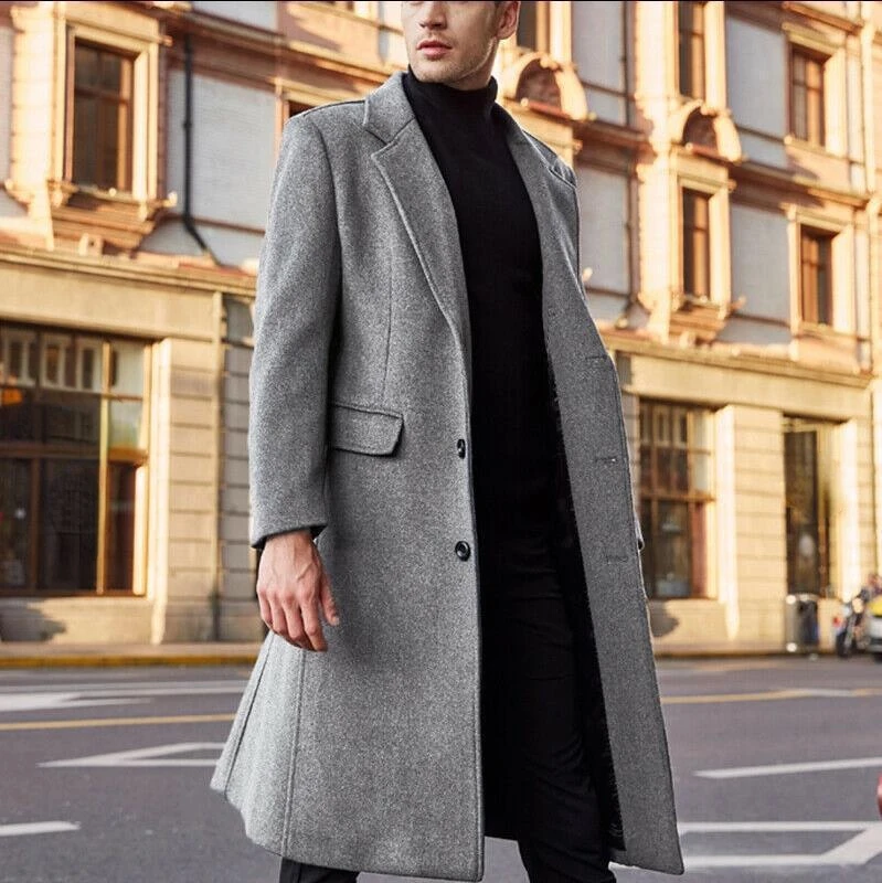 Autumn Winter Mens Long Black Blend Coat Business Casual Woolen Oversized Jacket Male Gray Wool Overcoat Button Up Windbreaker