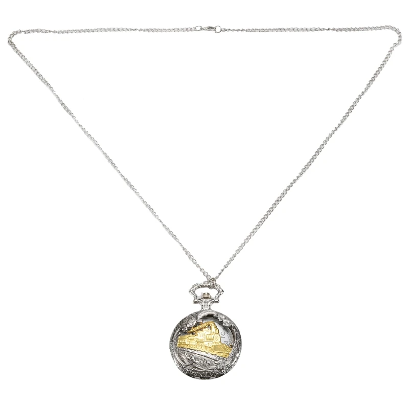 

Vintage Silver Case Gold Train Locomotive Hollow Quartz Pocket Watch Necklace Pendant Ms. Men's Gift