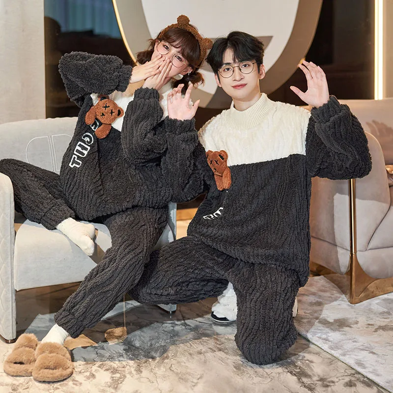 QUHENG 2022 Flannel Men's Pajama Pants Set Autumn Winter New Thick Warm Sleepwear for Couples Casual Loose Home Costumes Set