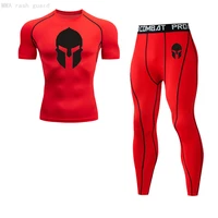 summer gym sports tights mens running t shirt short sleeve spartan tactical leggings mma training suits set fitness clothing