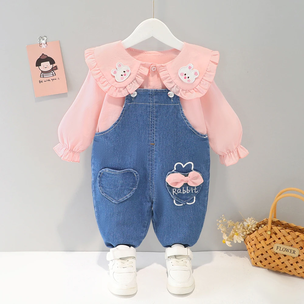 

Cute Baby Girl Clothes Outfit Fold Collar Rabbit Long Sleeve Bib Trousers Clothing for Toddler Girls Suit 1 2 3 4 Years
