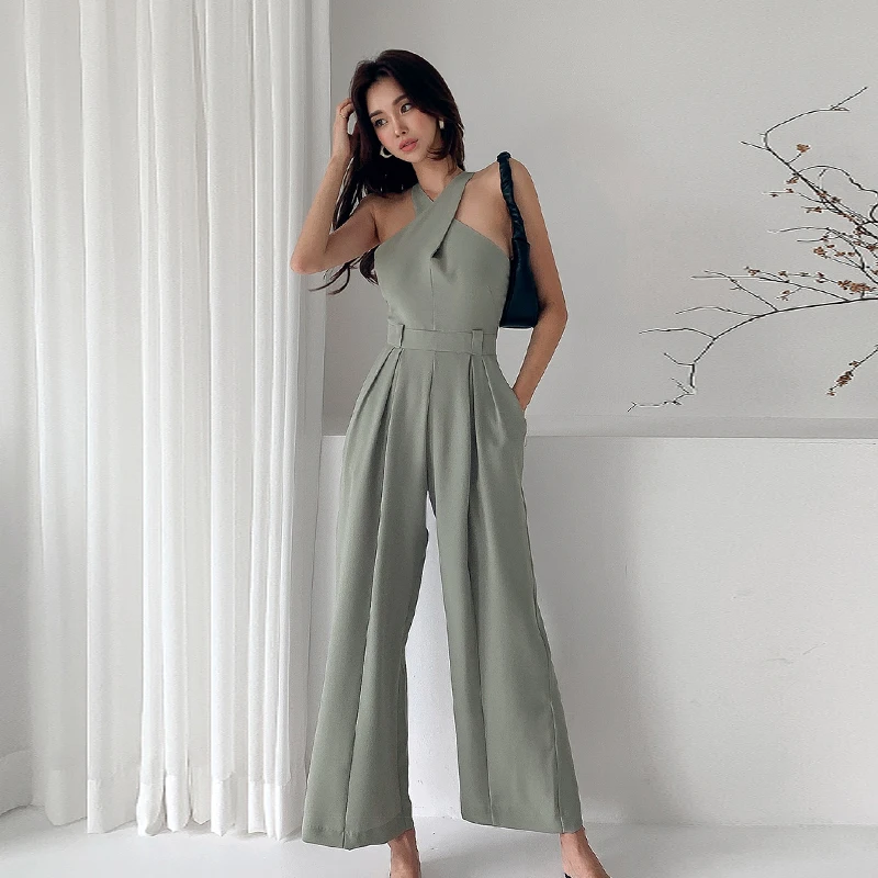 

Summer New Women Jumpsuits Sexy Backless Rompers Female Solid Wide Leg Office Lady Playsuits