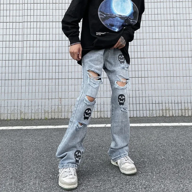 High Street Jeans Skull Print Hollow Jean Pant Denim Straight Pants Men and Women 2023 Summer Hip Hop Streetwear Clothing Black