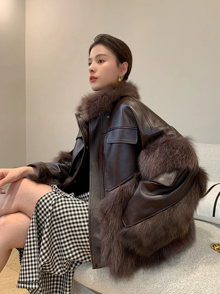 Women Real Fur Coat Autumn Winter Vintage Thicken Fox Fur Stand Collar Down Cotton Liner Splicing Sheepskin Jacket Fur Outerwear
