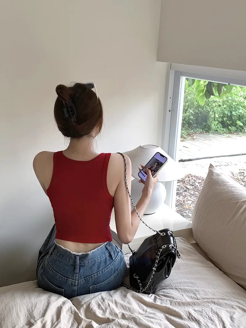 Осенняя новая красная майка для женщин облегающий жилет без рукавов пикантных