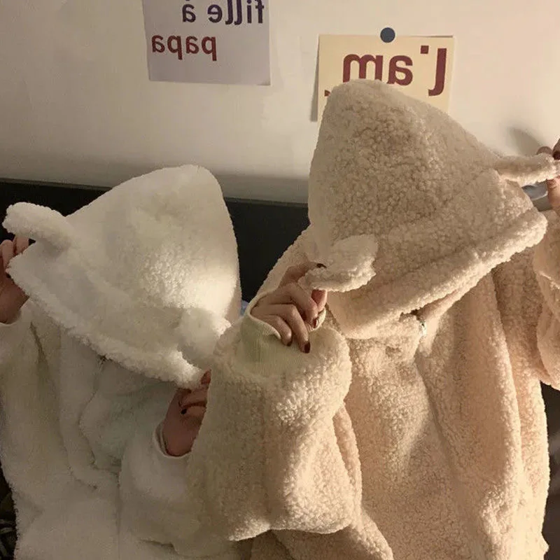 

Autumn Winter Women Green Beige Zip-up Sweatshirt Kawaii Fleece Faux Fur Long Sleeve Hooded Teddy Bear Ears Soft Hoodies White
