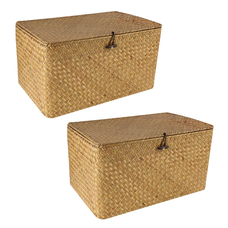 

2X Handmade Straw Woven Storage Basket With Lid Makeup Organizer Storage Box Seagrass Laundry Baskets(L)