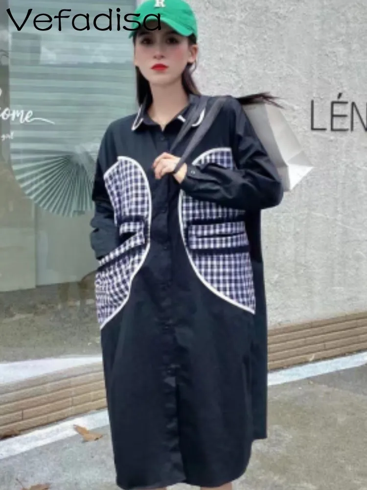 

Vefadisa 2023 Spring Autumn Comfortable Causal Polo Collar Women Blouse Loose Splice Large Pocket Medium Long Shirt Dress LWL070