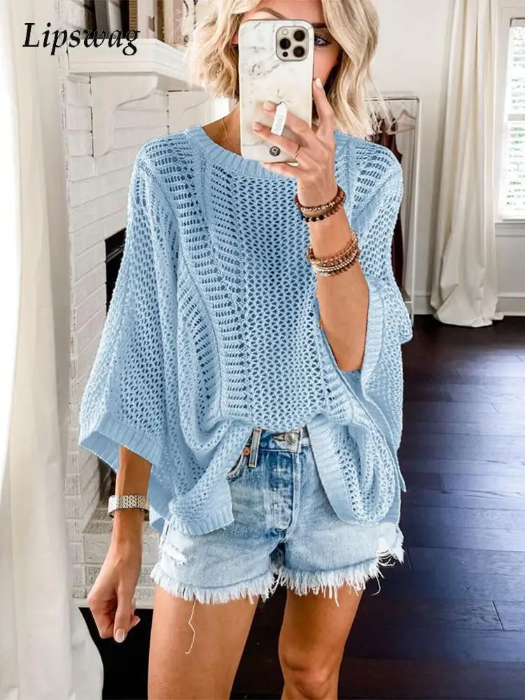 

Fashion Sexy Hollow Out Design Pullover Tops Summer Elegant O-Neck Knitted Cutout Beach Shawl Women Casual Loose Streetwear 2022