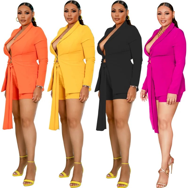 

WUHE Elegant Solid Women's Set Long Sleeve Blazer and Shorts Suit Office Lady Two Piece Set Fashion Female Chic Outfits