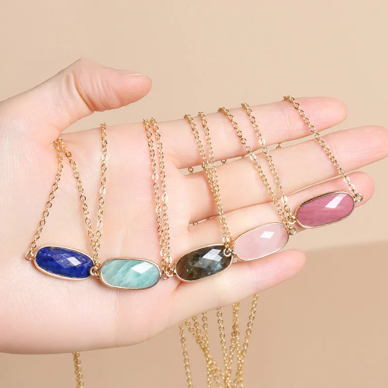 

Copper Gold Edged Oval Natural Stone Pendant Rose Quartzs Sunstone Crystal Necklace for Women Jewelry Gift 11x20mm