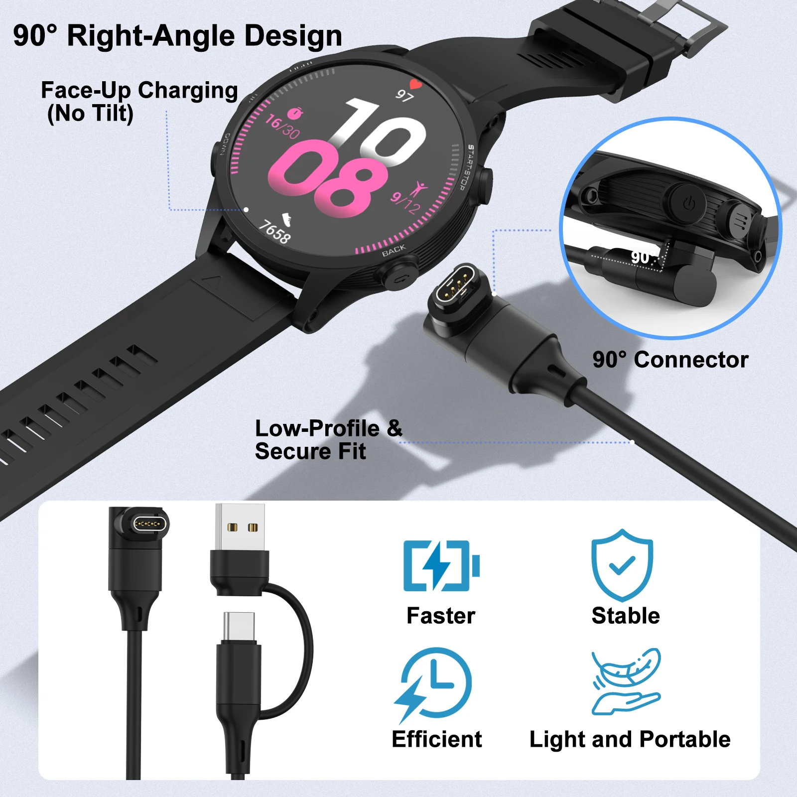 Фото 2IN1 USB/Type C Кабель для зарядного устройства для часов Garmin Fenix 8/E/7/7S/6/6X Venu2/Sq2/3/3S Instinct 3/2 Approach S70/S62/S42 Quatix 8/7/6 №5