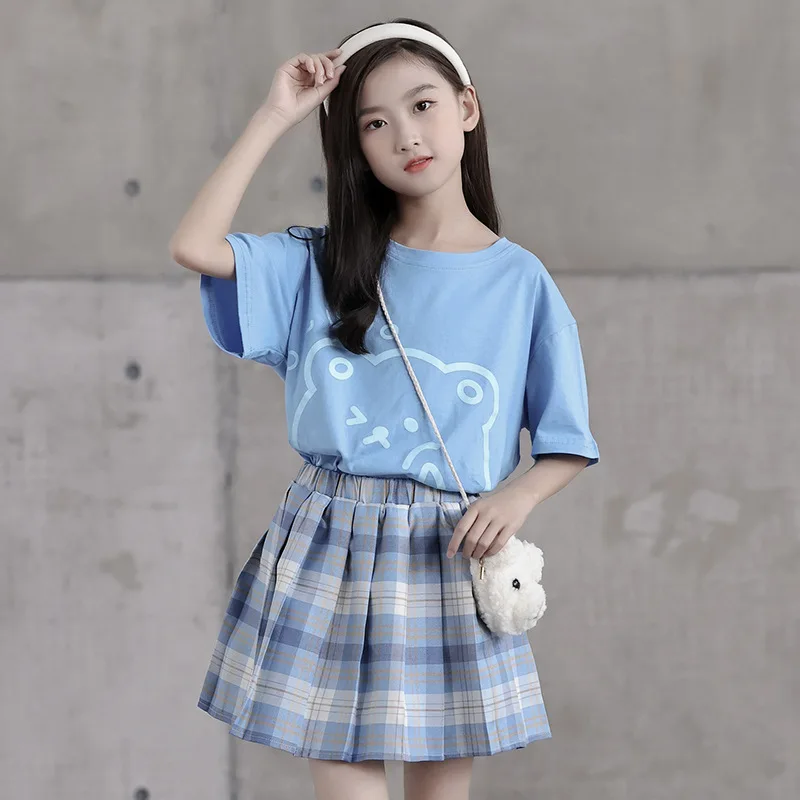 

Girl Summer Clothes Korean Short Sleeve Cute T-shirt Top + Pleated Skirt Set Big Kids School Students Teen Little Girls Clothes
