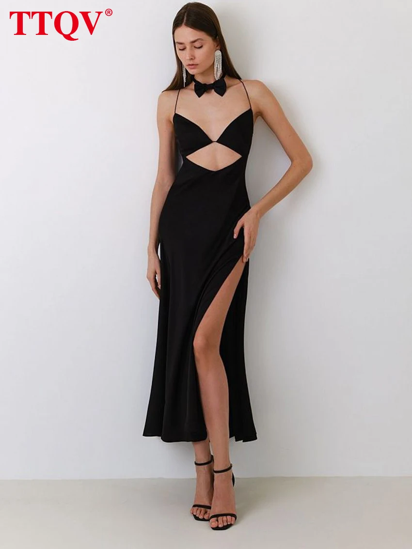 

TTQV Summer Black Spaghetti Strap Women'S Dress 2023 Autumn V-Neck Hollow Out Open Back Dresses Sexy Side Slit Mid-Calf Dresses