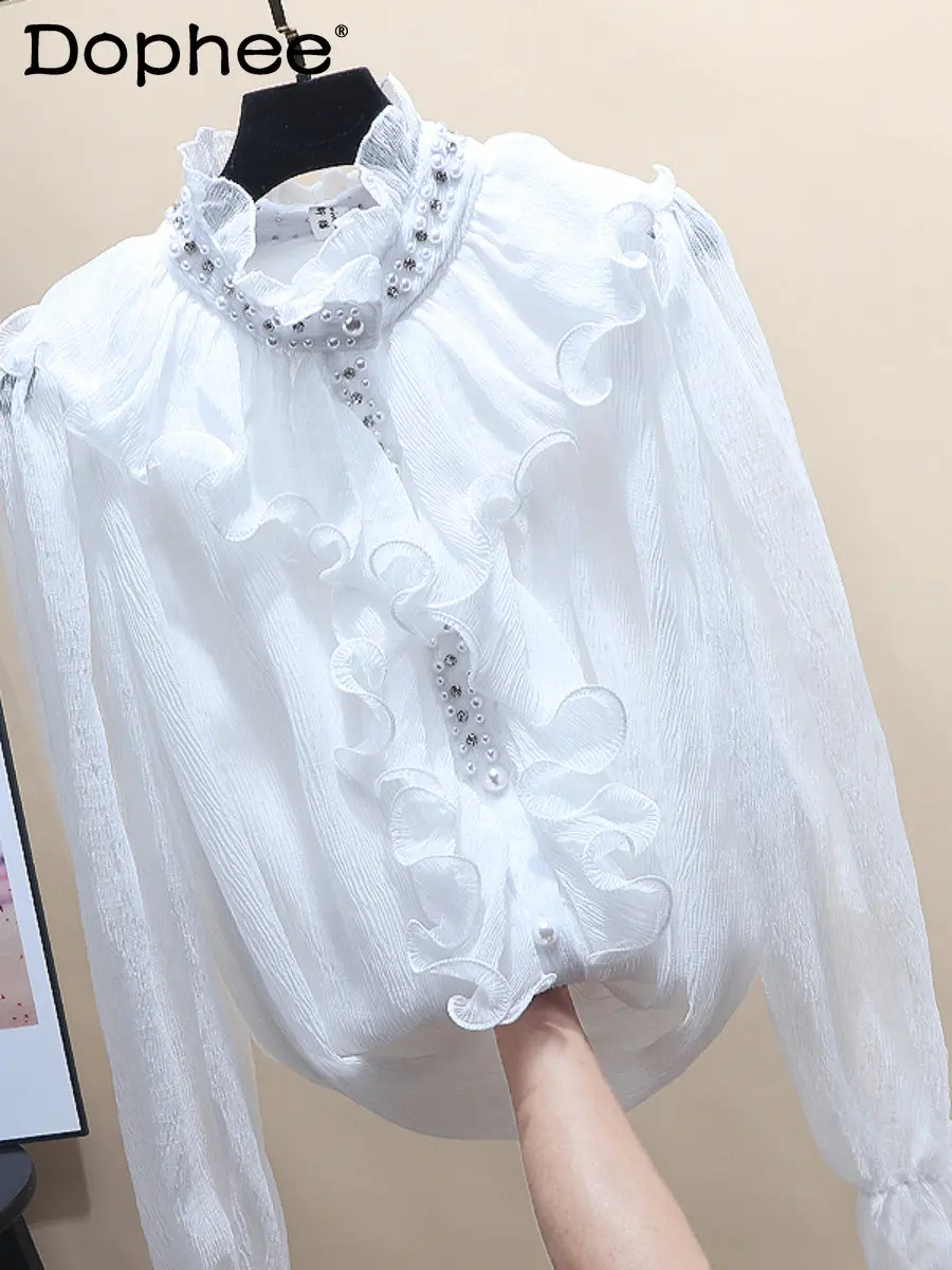 

Elegant Ruffles Diamond Beaded Stand Collar White Shirt for Women Autumn Winter New Fashion Fairy Long Sleeve Blusas Top Camisas