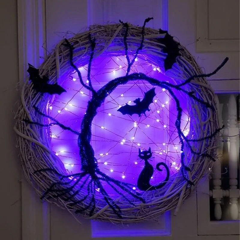 

Halloween Wreath Light Up Accessorie Ornaments Black Bat Cat Spooky Party Wreath With Light Glowing Garland For Front Door Wall