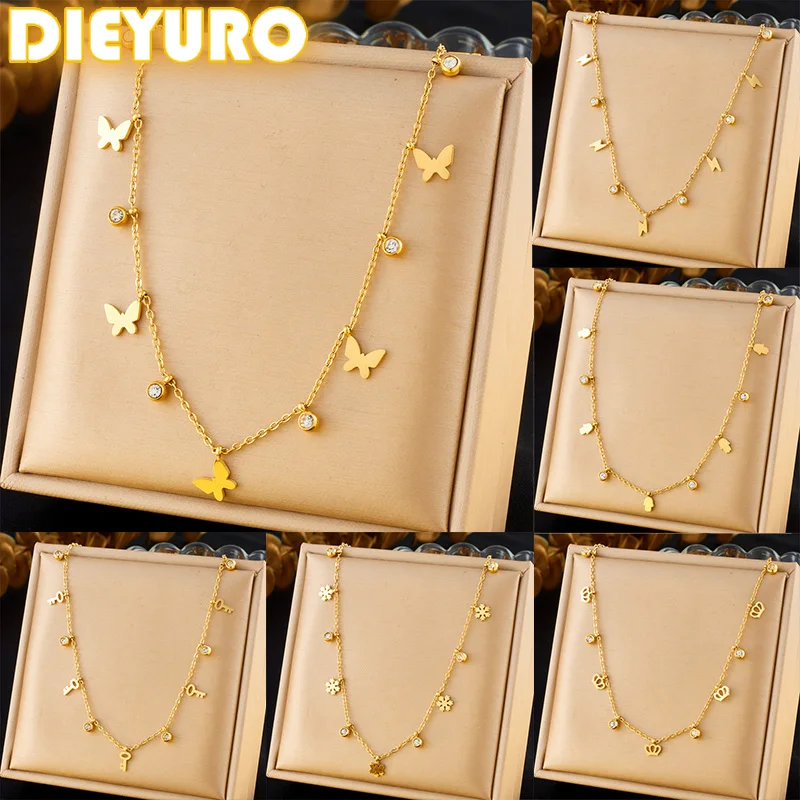 DIEYURO Нержавеющая сталь 316L Золотая бабочка Цветок Молния Корона Циркон Ожерелье