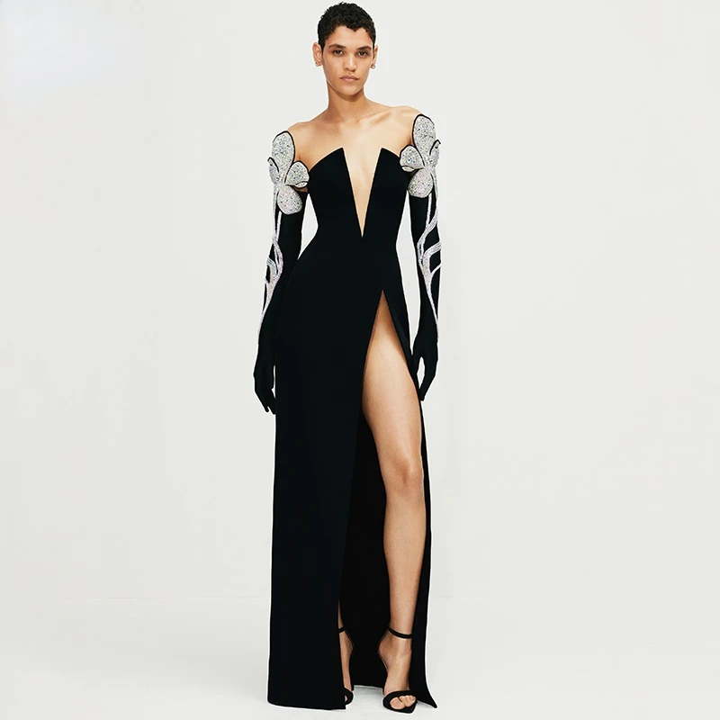 

KLEEZY VC Trendy Beads Appliques Design Bandage Long Dress Sexy Off Shoulder Celebrity Party Club Vestido