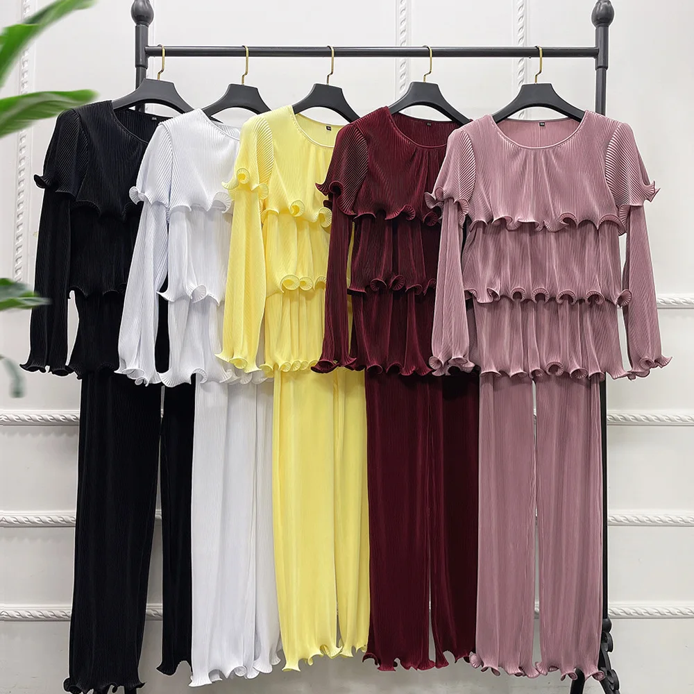 Dubai Turkish Two Piece Set Muslim Women Pleated Lotus Leaf Edge Top And Wide-legged Pants Abaya Solid Islamic Clothing 2PCS