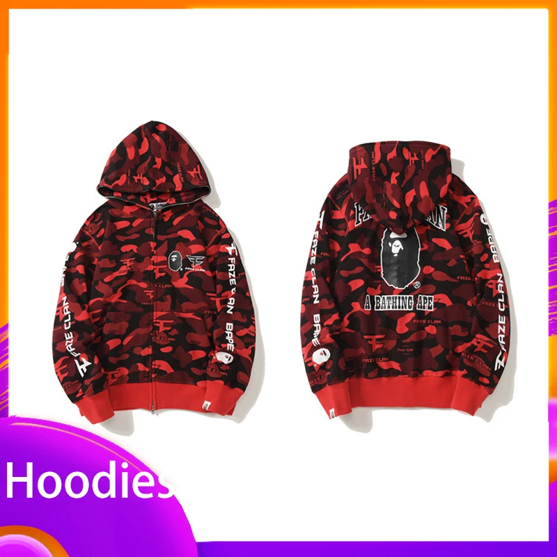 

2023 New Youth Bap-e Shark Head Hoodies Men's Red Camouflage Sweatshirts Zip Up To Head Casual Fashion Street Hip-hop Tops Gift