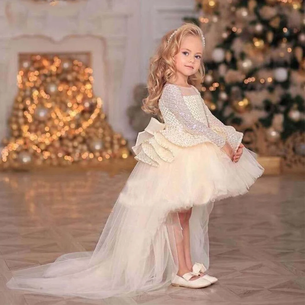 

Royal Full Sleeve Baby Christmas Dress A Line Knee Length 2022 Baby Christmas Dress Summer with A Big Bow Shiny Vestidos De Niña