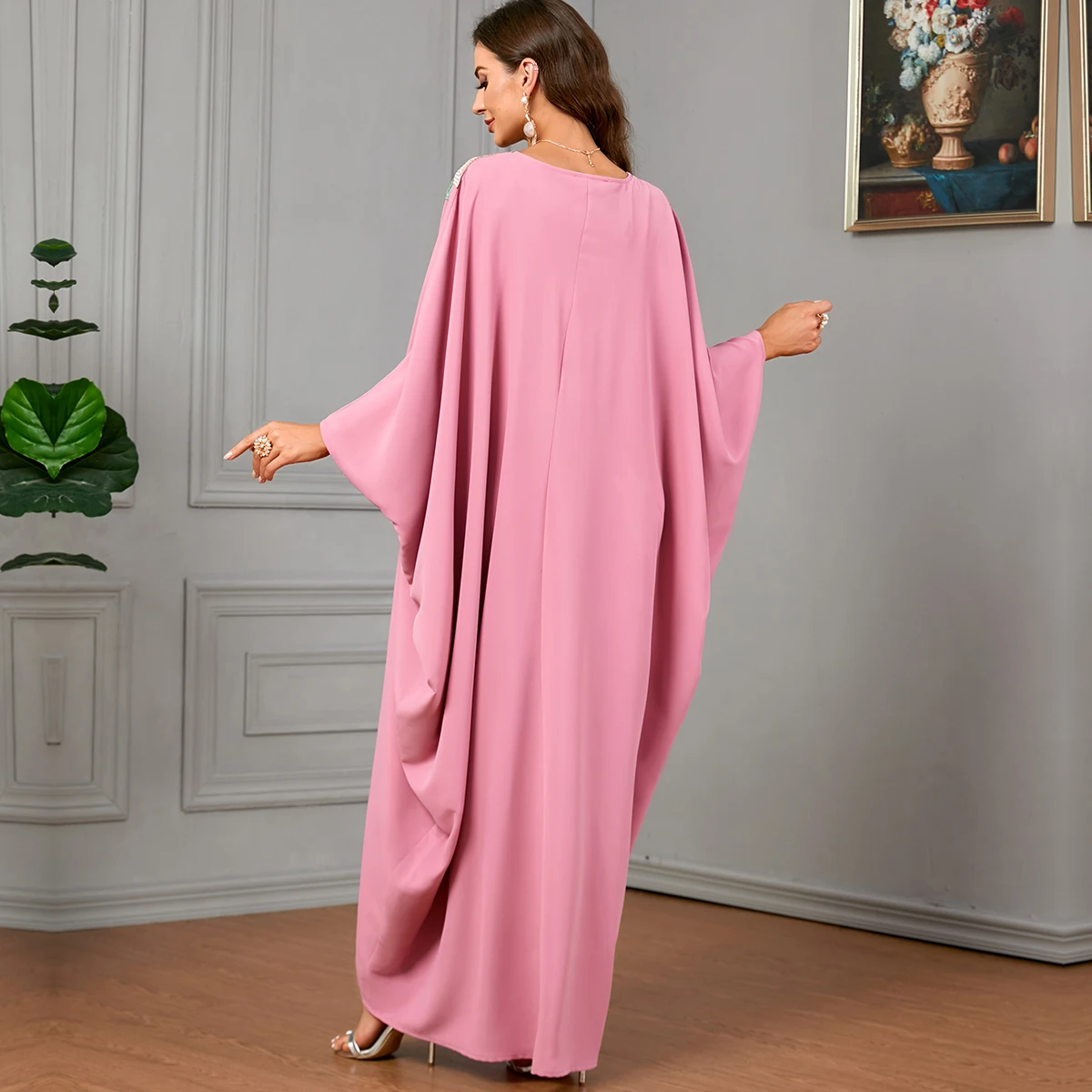 BNSQ Muslim Abaya Dress Women Appliqué Pendant Collar Bat Sleeves Dubai Abayas Islam Ramadan