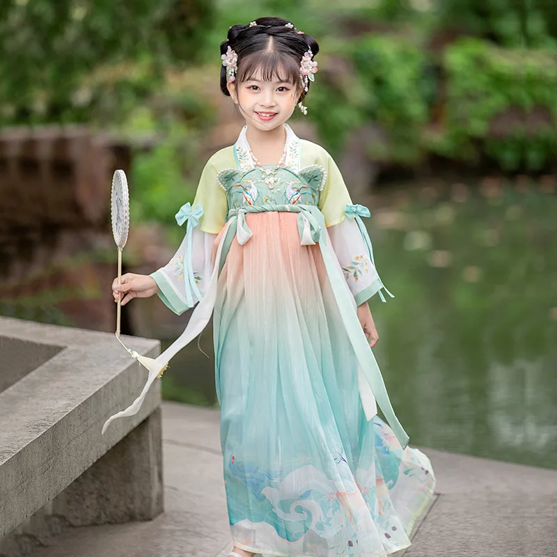

Летние детские зеленые цветочные вышитые традиционные китайские танцевальные костюмы Hanfu 2022, сказочное сценическое платье с длинным рукавом National Ha