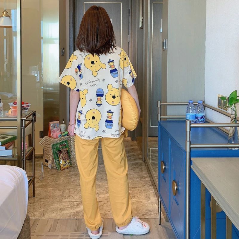 Disney Sleepwear Cartoon Pajamas Set for Women Long Pants Short Sleeved Summer Loungewear Fashion Home Clothing Homewear Suit