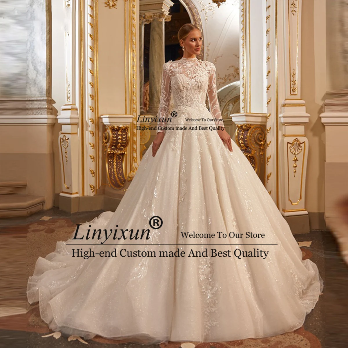 

Luxury Tulle Wedding Dress Lace Applique Beaded Squined Bride Ball Gowns High Neck Vestido de Novia Cathedral Train 2023
