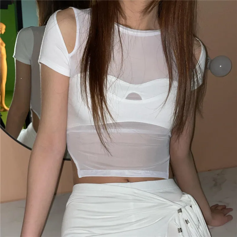 

Women Short Sleeve Mesh See-through Tops with Hollow Decoration Cold Shoulde Skinny Navel Summer Clothing Streetwear