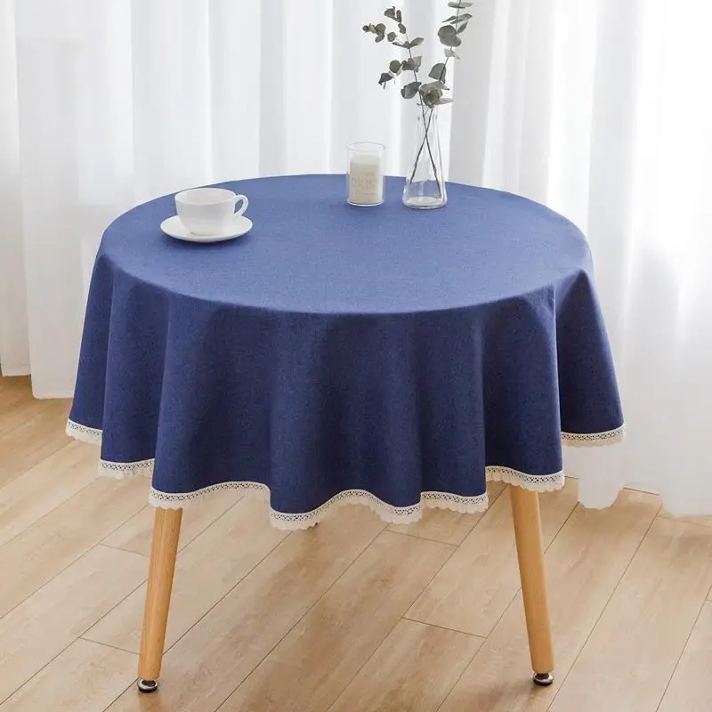 1PC Solid Color Round Tablecloth With Lace Cotton Linen Blue